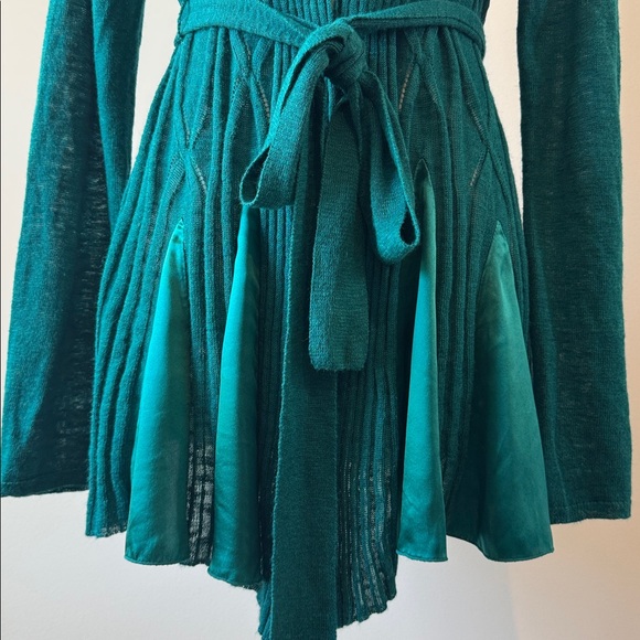 Anthro Knitted & Knotted Teal Open-Front Silk Trim Cardigan Sweater Size M NWT - Picture 5 of 15